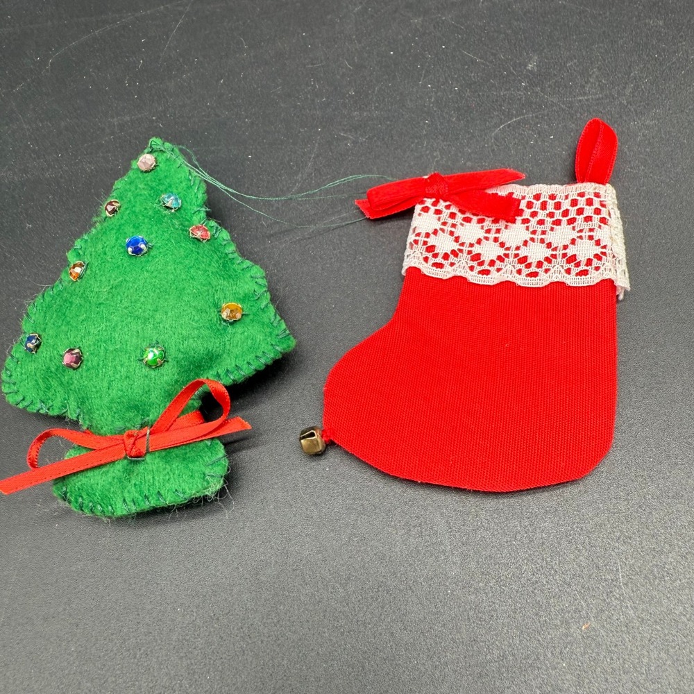 Vintage Handmade Felt Christmas Ornaments Stocking and Tree with Beads and‎ Lace